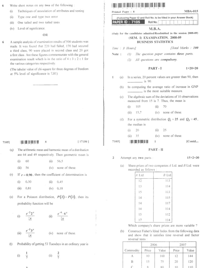 Mba 1 Sem Business Statistics Mba 015 2009 | PDF