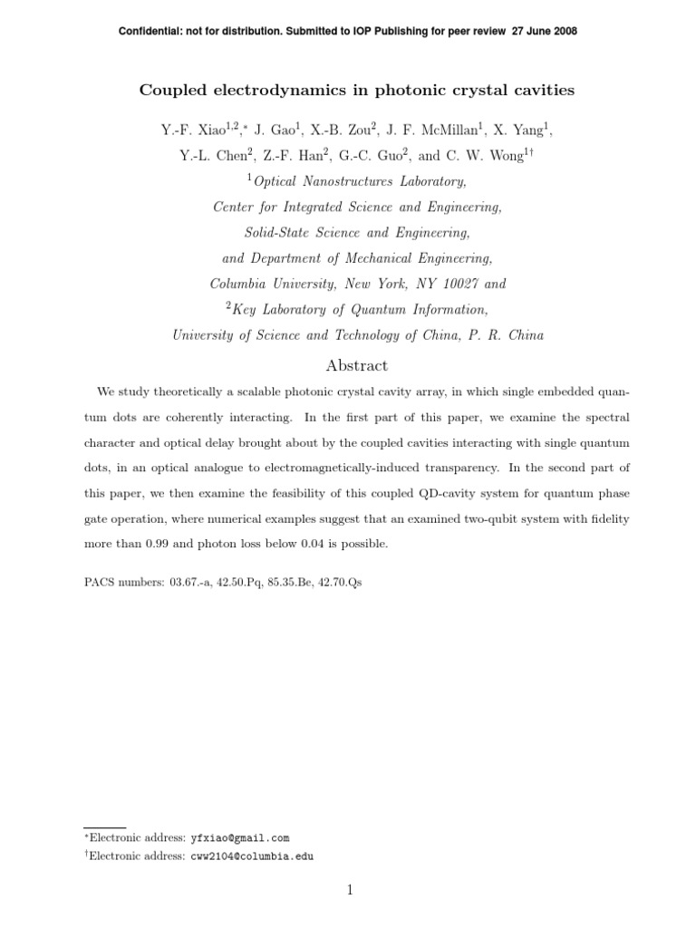 Coupled Electrodynamics in Photonic Cavities | PDF | Quantum Mechanics ...