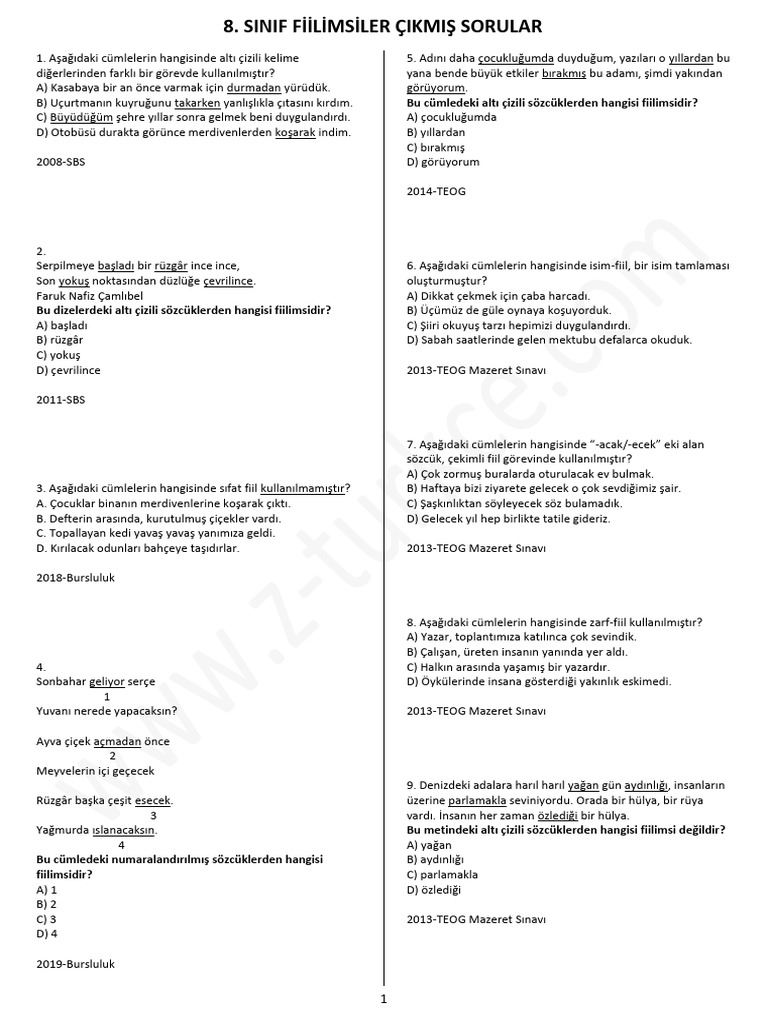Fiilimsi-8 Çıkmış Sorular | PDF