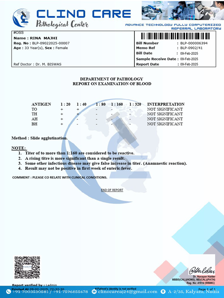 Blood Examination Report for Rina Majhi | PDF