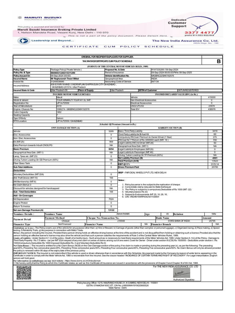 New India Assurance Vehicle Policy Invoice | PDF | Deductible | Insurance