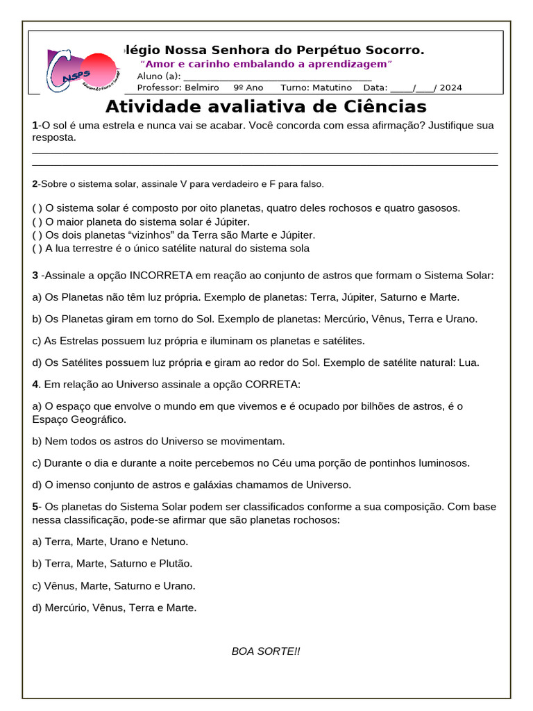 Atividade de Ciências: Sistema Solar 9º Ano | PDF