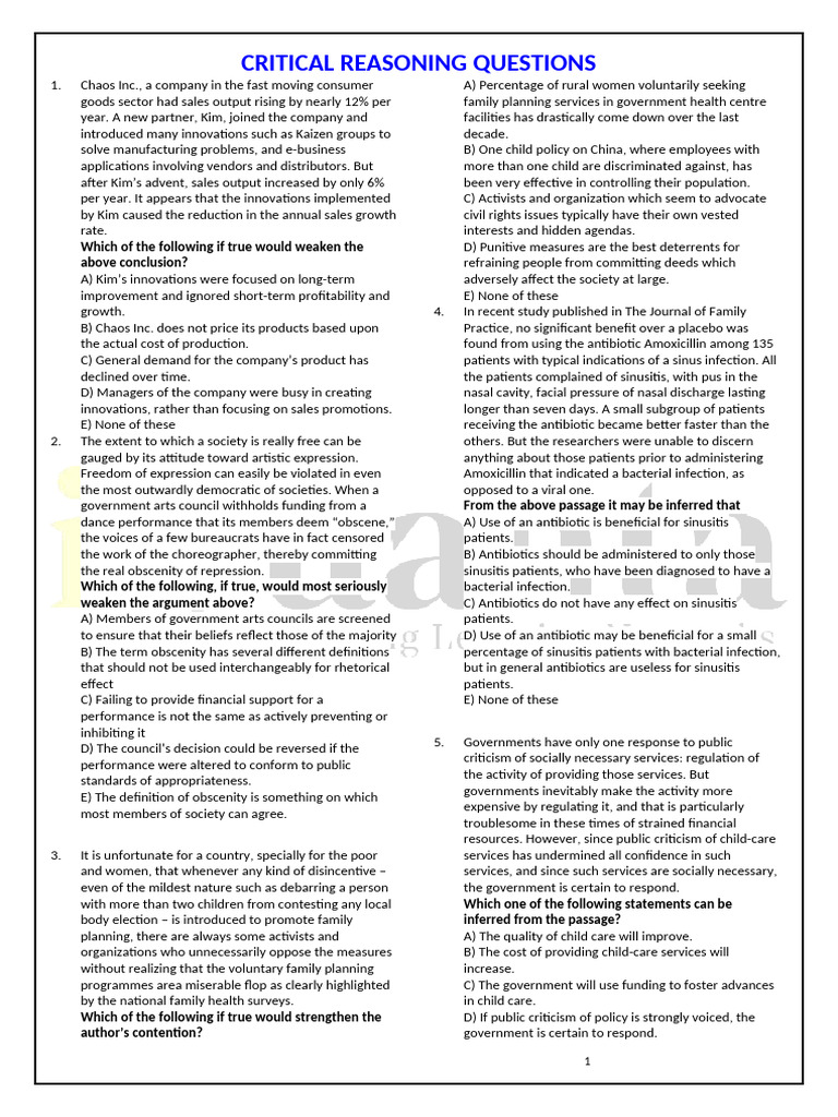 Critical Reasoning Questions | PDF | Spelling | Child Care