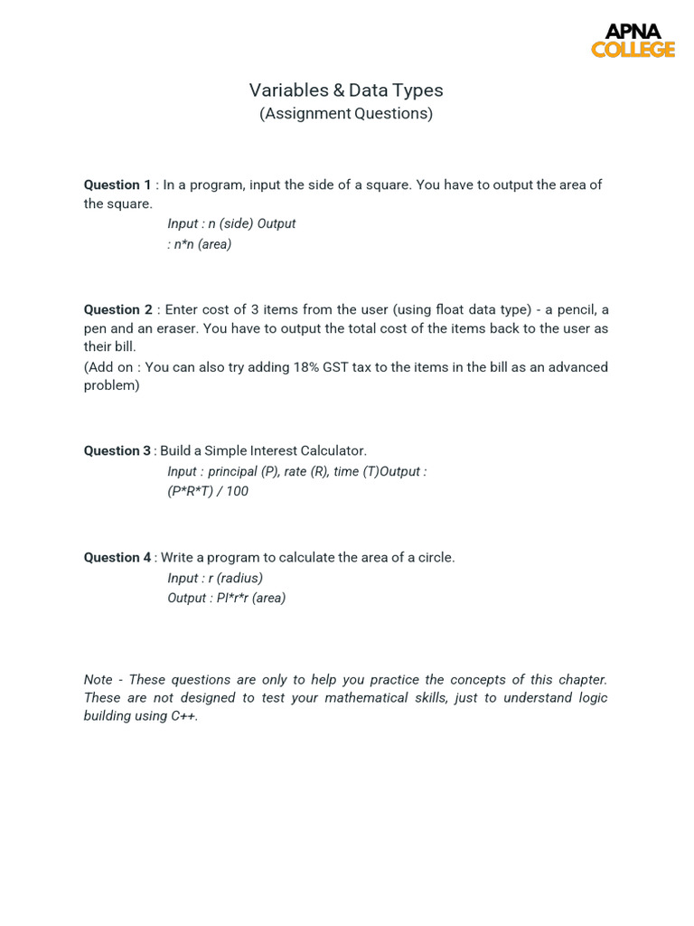 15. Variables & Data Types Questions | PDF