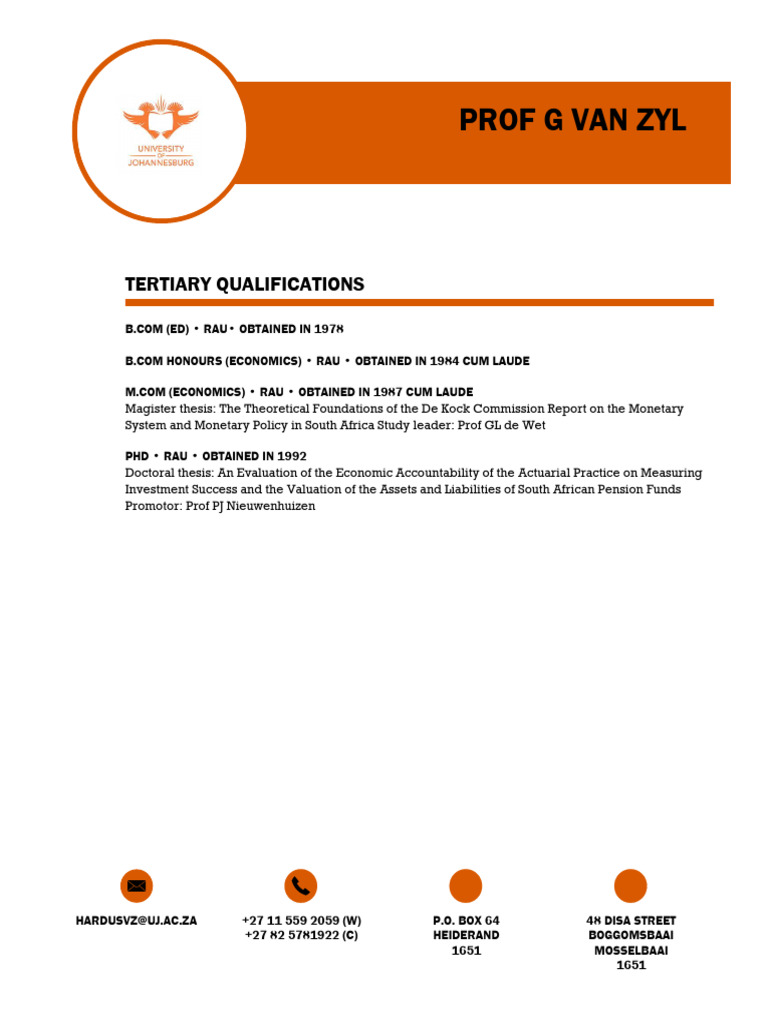 Shortened CV Prof G Van Zyl | PDF | Labour Economics | South Africa