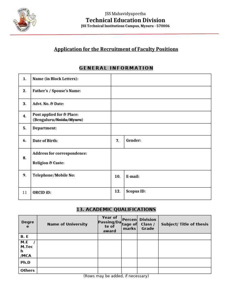 Faculty Recruitment Application Form | PDF | Digital Object Identifier ...