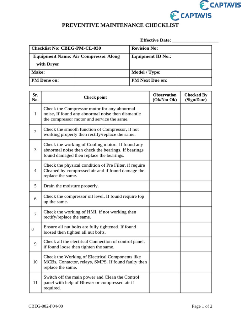 Air Compressor Maintenance Checklist | PDF | Equipment | Mechanical ...