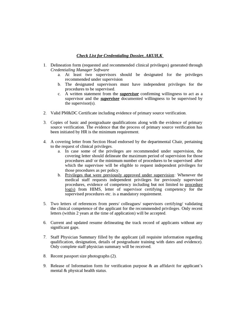 Credentialing Dossier Checklist for AKUH | PDF | Verification And ...