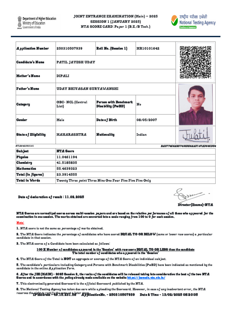 JEE Main 2025 Scorecard for Patil Jayesh | PDF | Tests | Student ...
