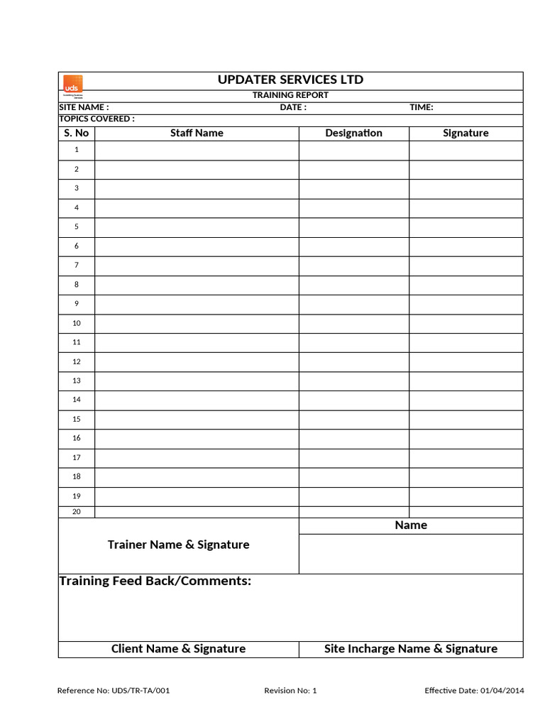 Training Report Template for Updater Services | PDF