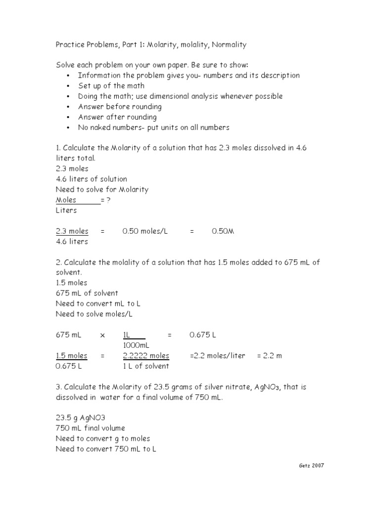 Biotech Math Problems Part1 Answers Pdf Molar Concentration Mole Unit