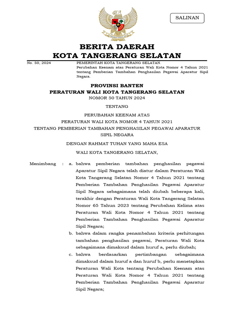 Perwal TPP Kota Tangerang Selatan 2024 | PDF