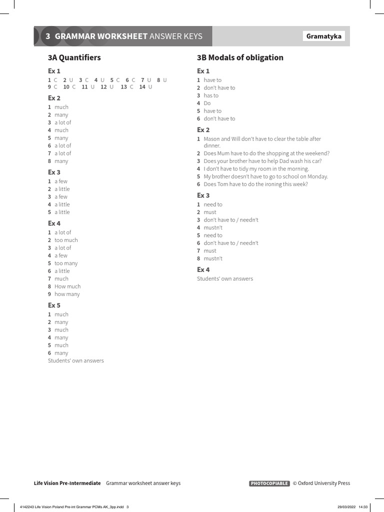 Grammar Worksheet Answer Keys | PDF