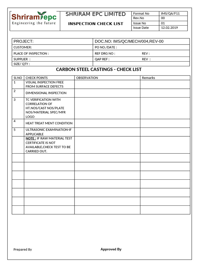 Carbon Steel Castings Inspection Checklist | PDF