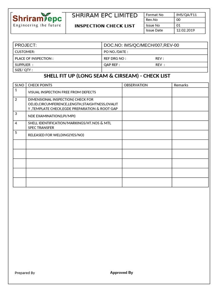 Shell Fit-Up Inspection Checklist | PDF