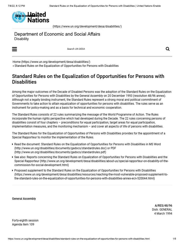 UN Standard Rules on Disability 1993 | PDF | United Nations General ...