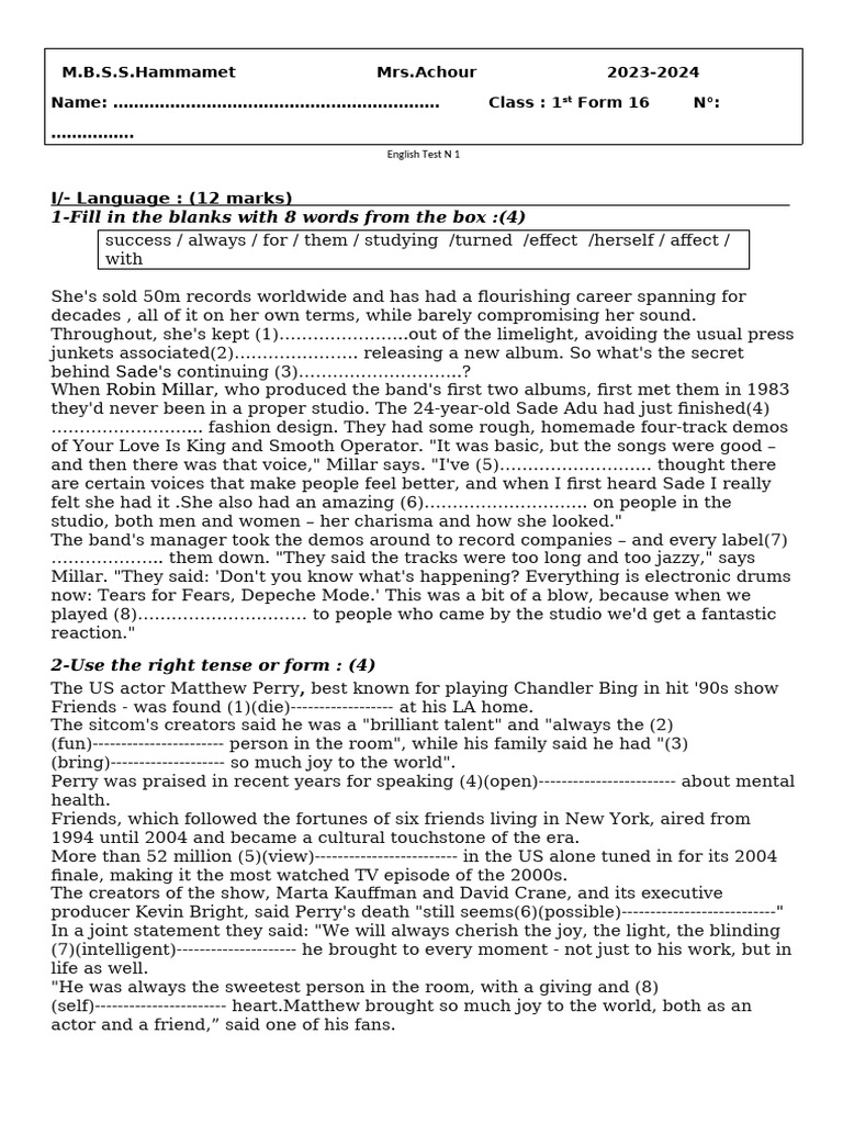 English Language Test for 1st Form Students | PDF | Elvis Presley | Money