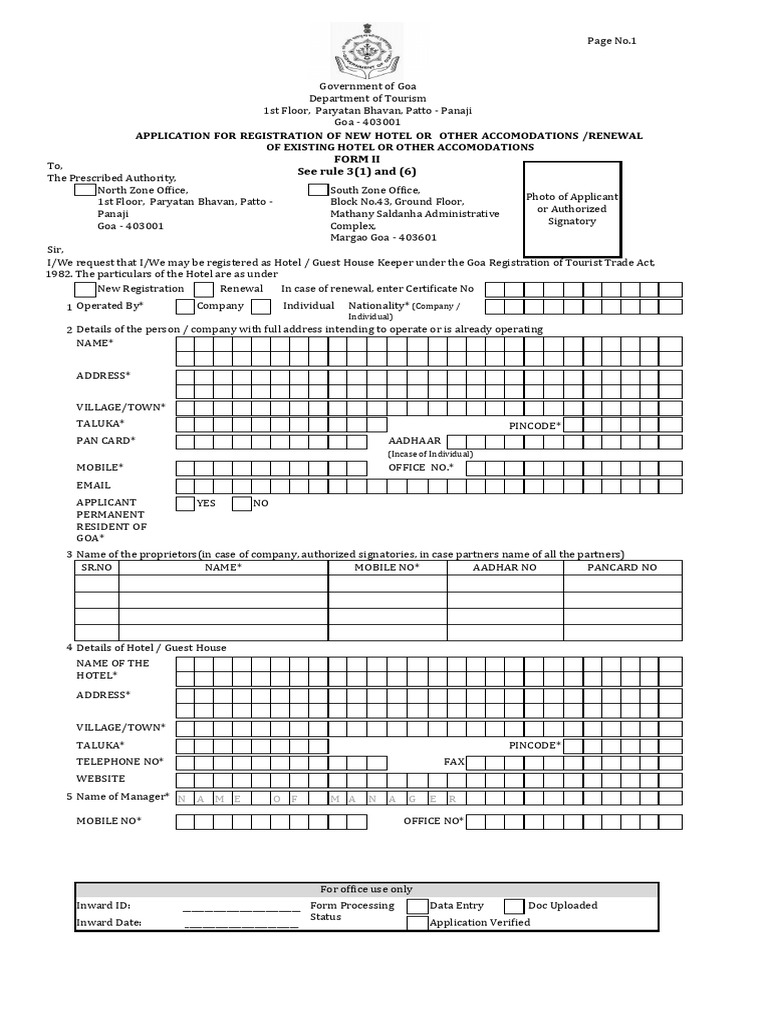 Goa Hotel Registration Application Form | PDF