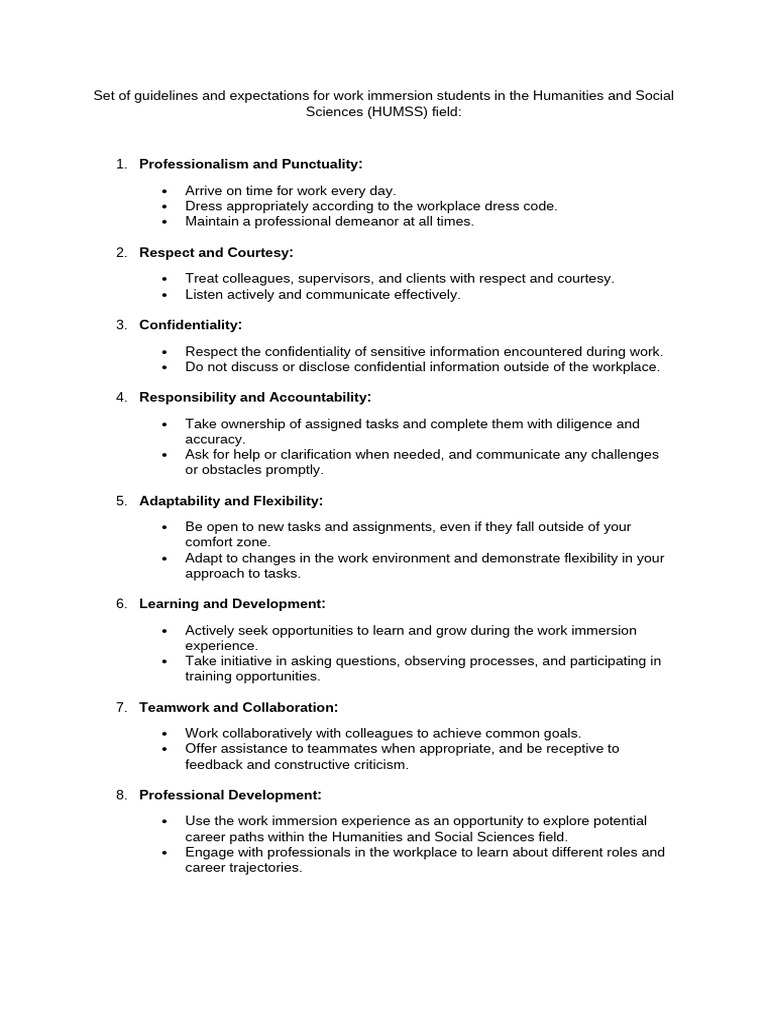 HUMSS Work Immersion Guidelines | PDF | Human Communication | Social ...