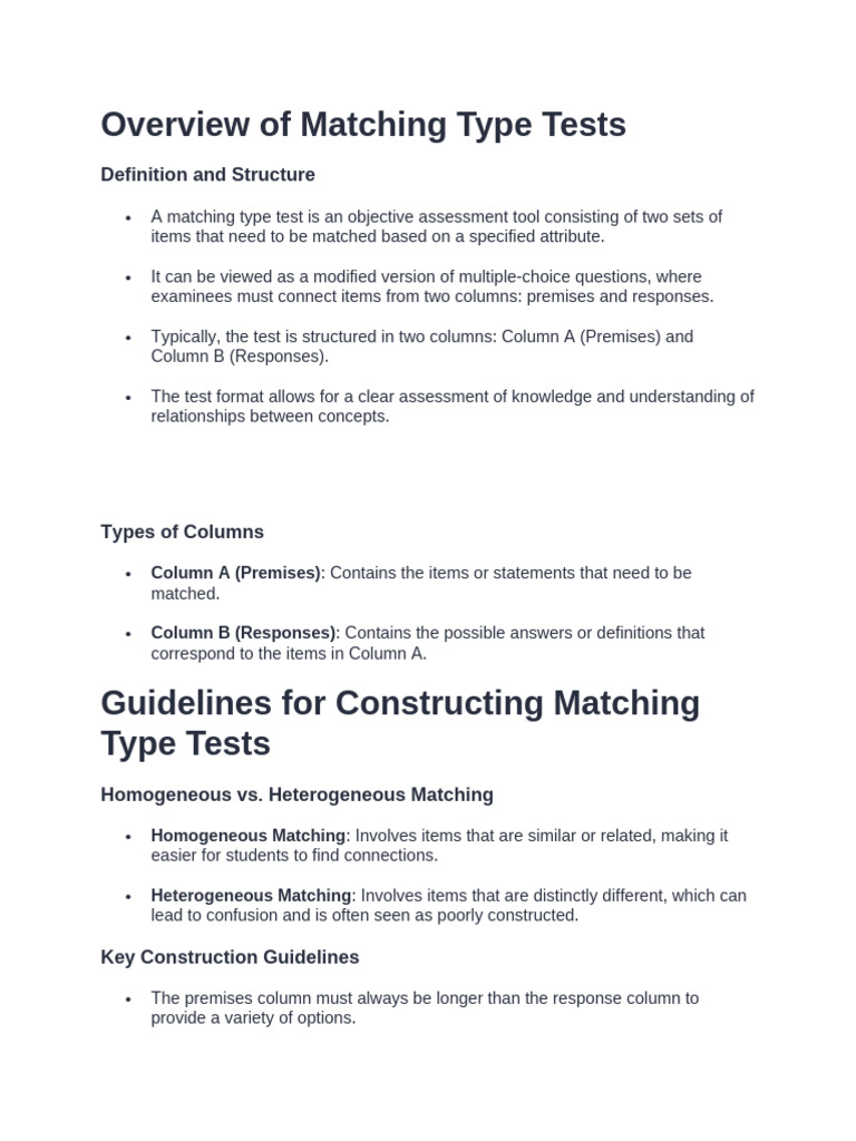 Overview of Matching Type Tests | PDF | Multiple Choice | Cognitive Science