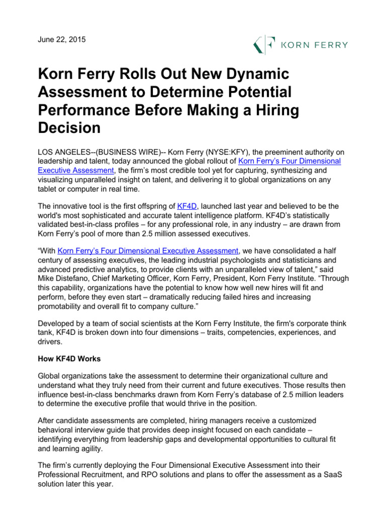Korn Ferry Rolls Out New Dynamic Assessment | PDF | Leadership | Business