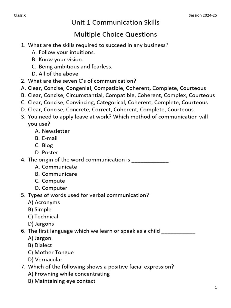 Part a Unit 1 Communication Skiils MCQ | PDF | Communication | Sentence ...