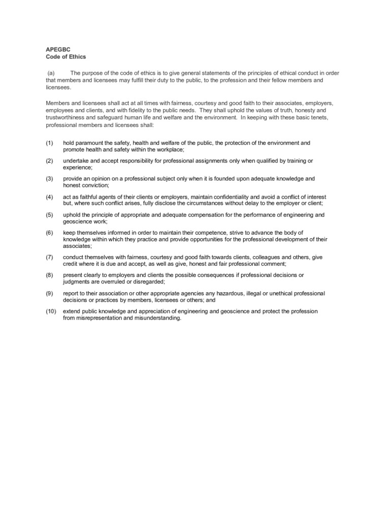 APEGBC Code of Ethics | PDF