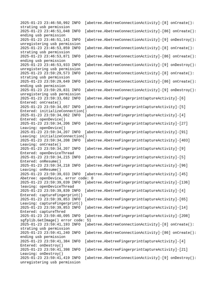 USB Permission and Fingerprint Capture Logs | PDF | Encodings | Error