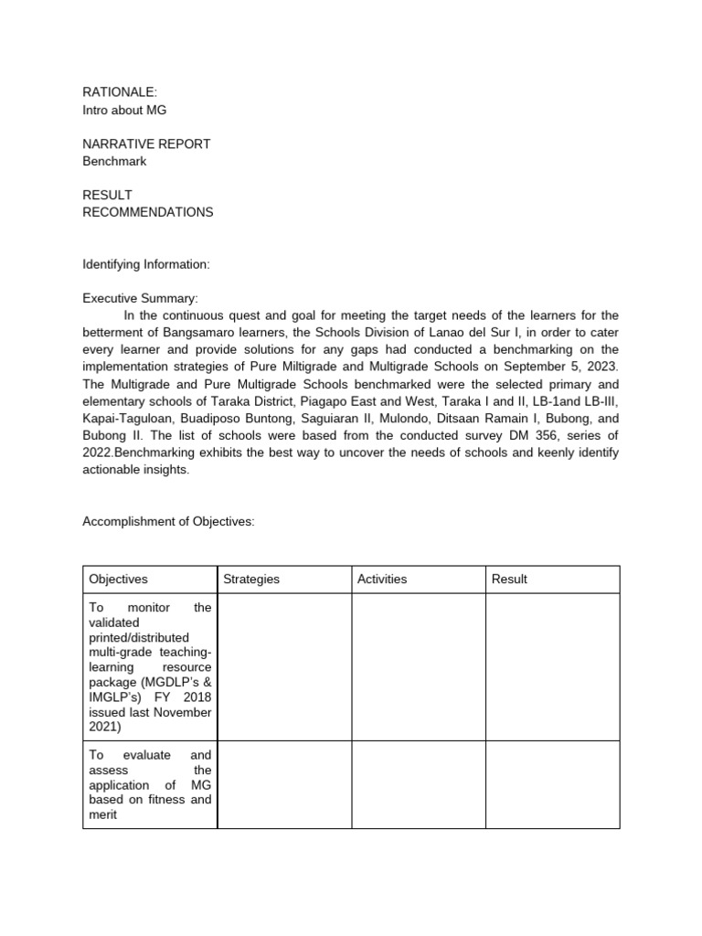 Benchmarking Multigrade Schools Report | PDF
