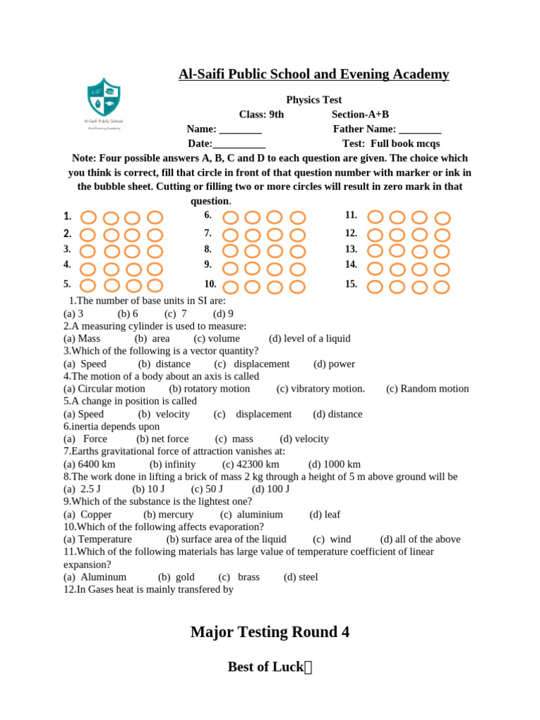 9th Grade Physics MCQ Test Paper | PDF | Force | Liquids