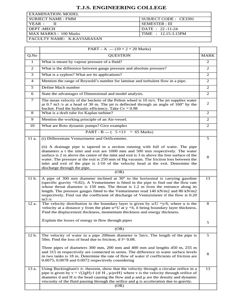 FMM Model Exam Paper for Mechanical Engineering | PDF | Pump | Turbine