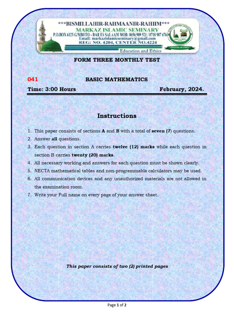 F3 B.mathematics Monthly Test Feb 2024 | PDF | Mathematics