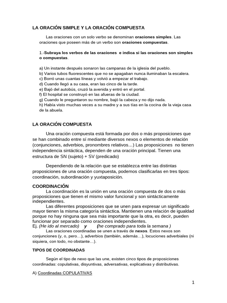 Oraciones simples y compuestas explicadas | PDF | Oración (Lingüística ...