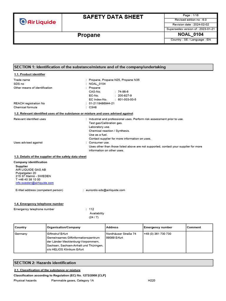 Propane Safety Data Sheet (SDS) 2024 | PDF | Personal Protective ...