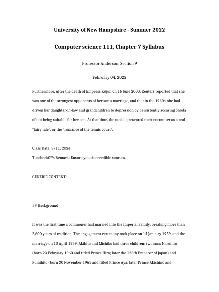 UNH Computer Science 111 Syllabus 2022 | PDF | Monarchy | Japan