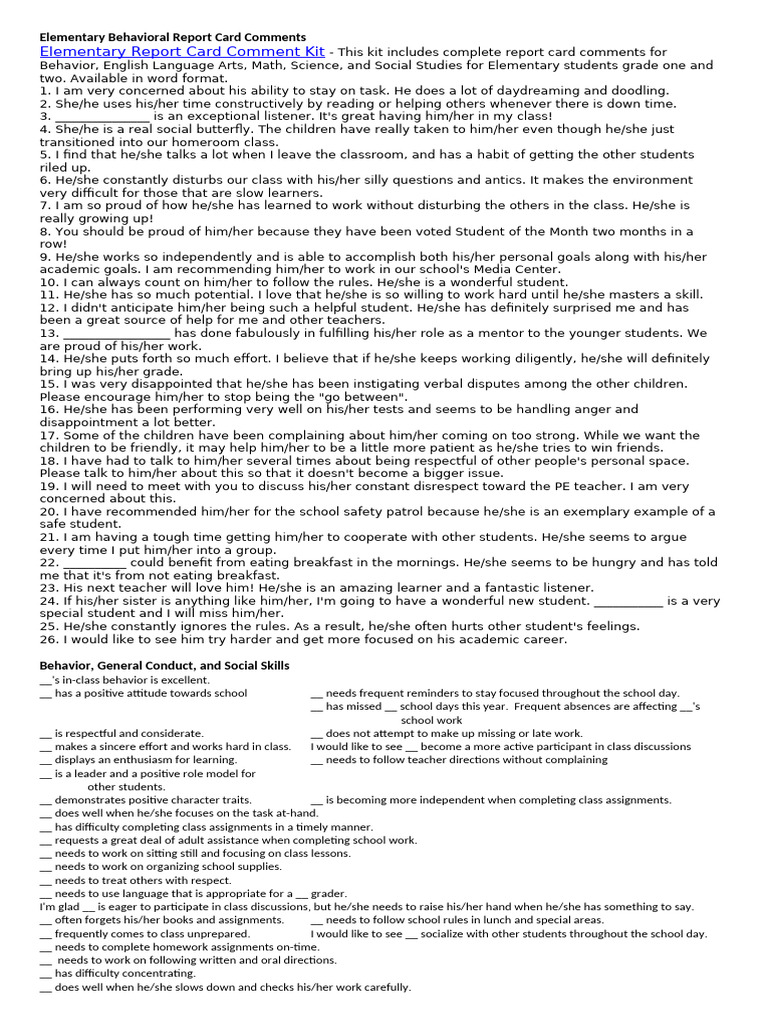 Concise Behavior Comments for Reports | PDF | Learning | Psychology