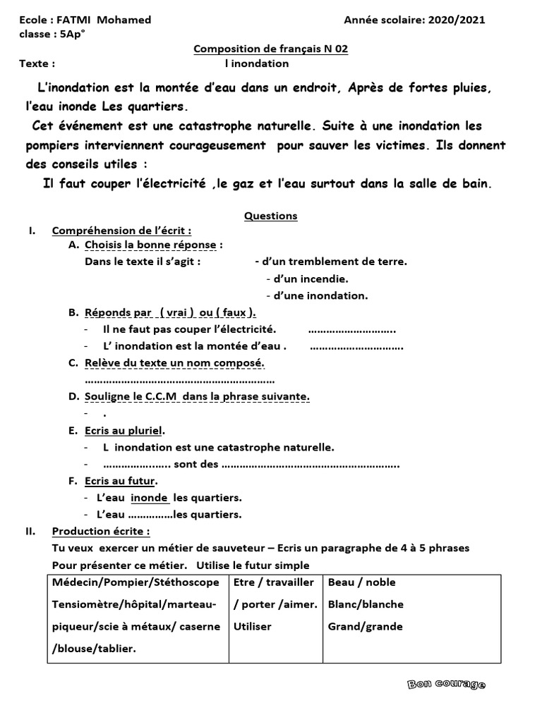 Compréhension sur l'inondation en classe 5AP | PDF