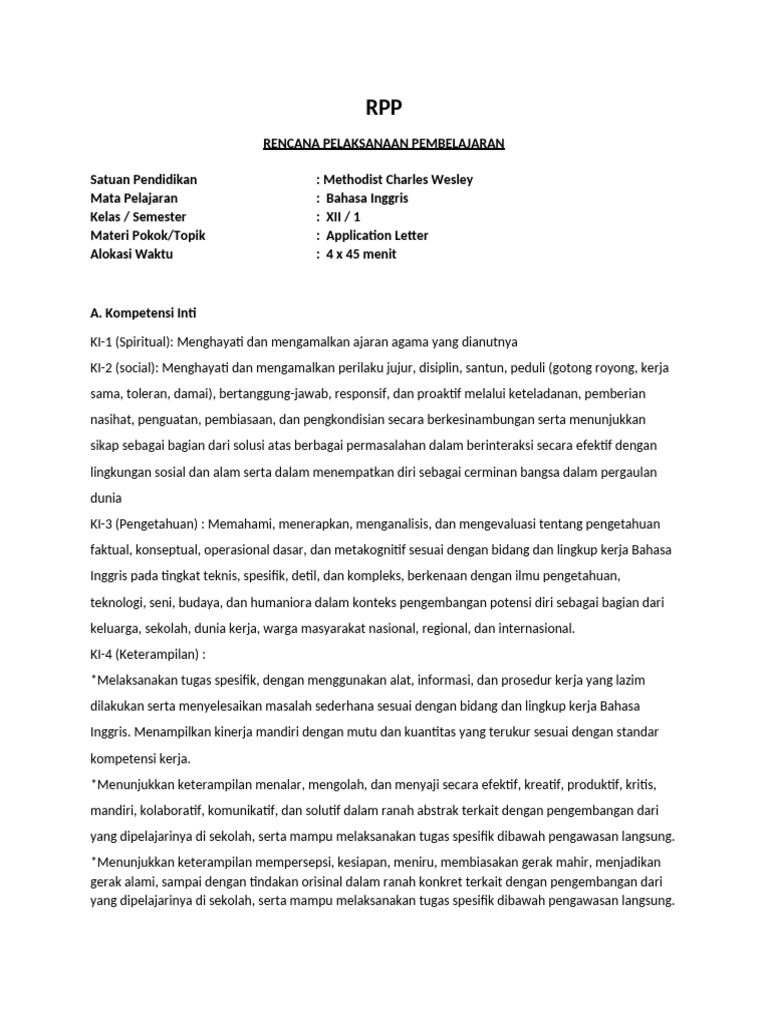 RPP Surat Lamaran Kerja Bahasa Inggris | PDF