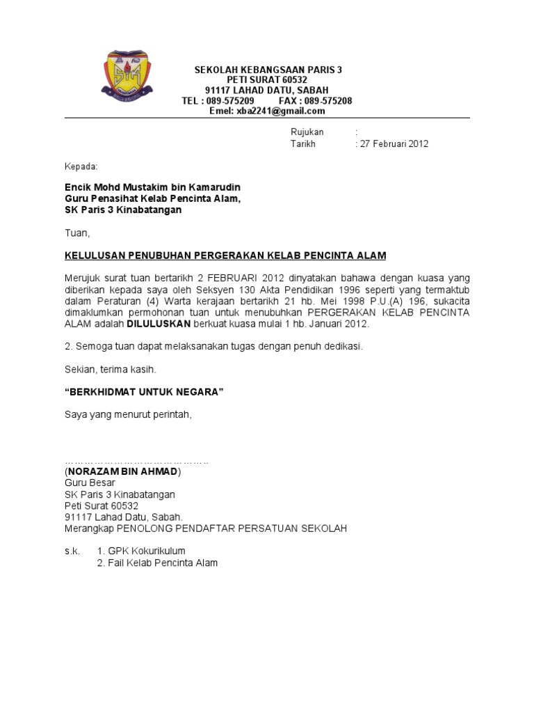 Kpa Surat Kelulusan Penubuhan Kelab Pencinta Alam 2012 Pdf