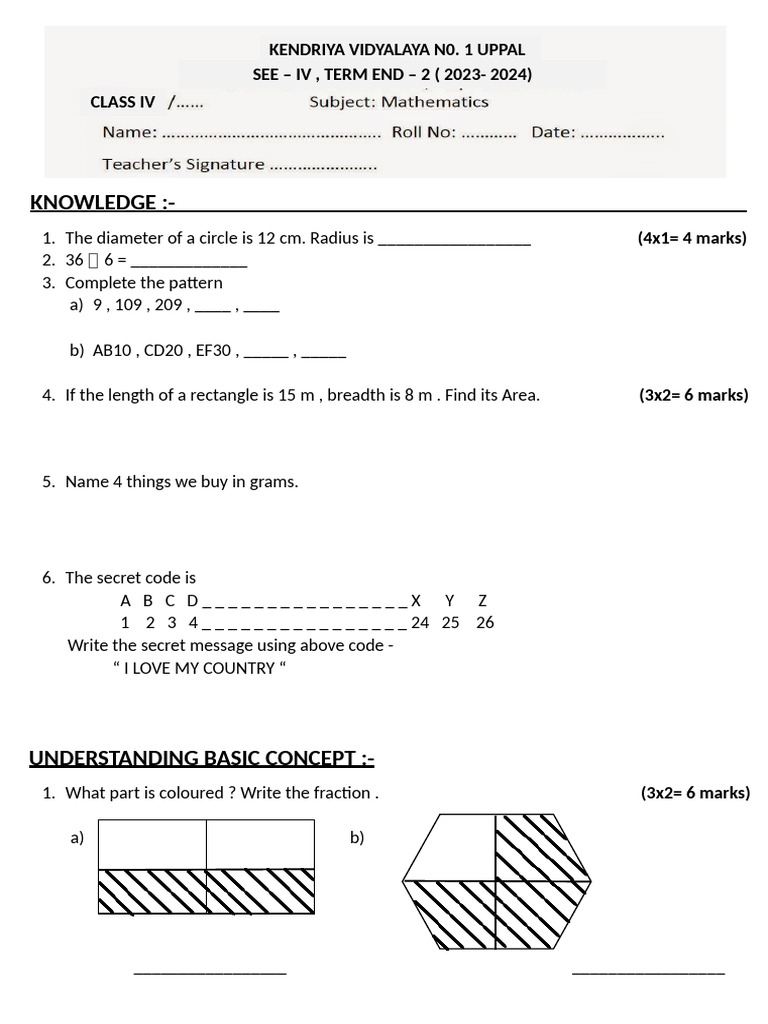 Class 4 Maths Question Paper 2023-24 | PDF | Area | Geometry