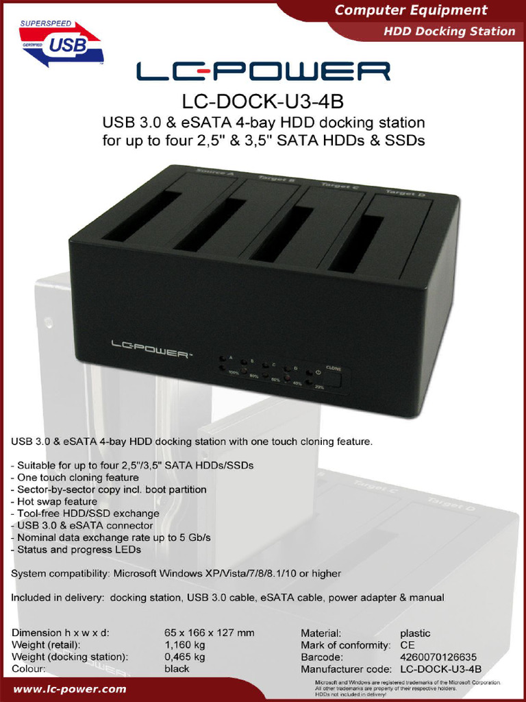 Station De Clonage LC-Power LC-DOCK-U3-4B, 4 Baies HDD/SSD 2.5/3.5, USB 3.2 & ESATA
