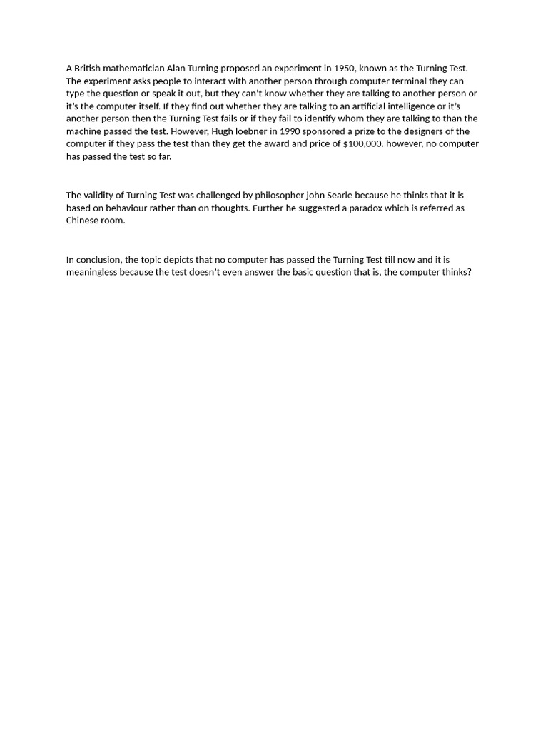 A British mathematician Alan Turning proposed an experiment in 1950 | PDF