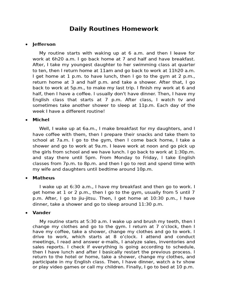 Daily Routines Homework - B1 | PDF | Lunch | Workweek And Weekend