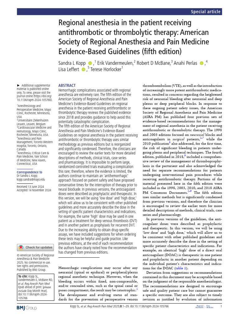 Guidelines for Regional Anesthesia Safety | PDF | Thrombosis | Stroke