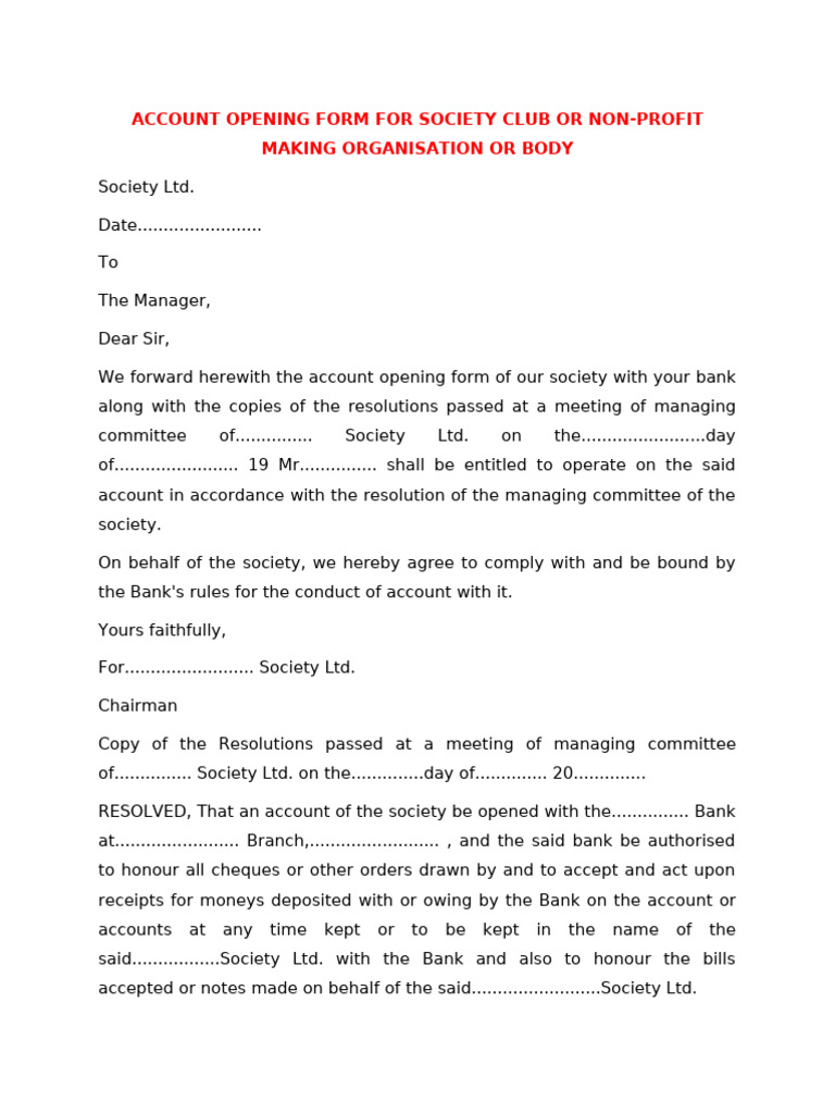 Society Account Opening Form Template | PDF | Banks | Cheque