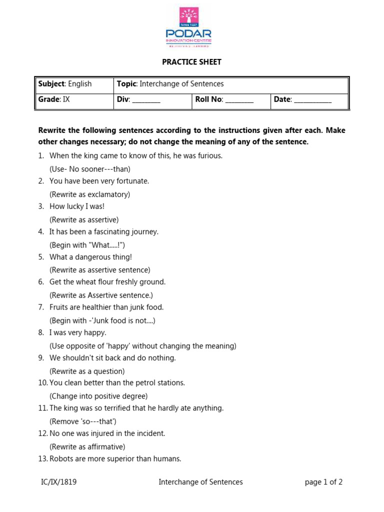 PS ICSE IX Eng Interchange of Sentences PDF