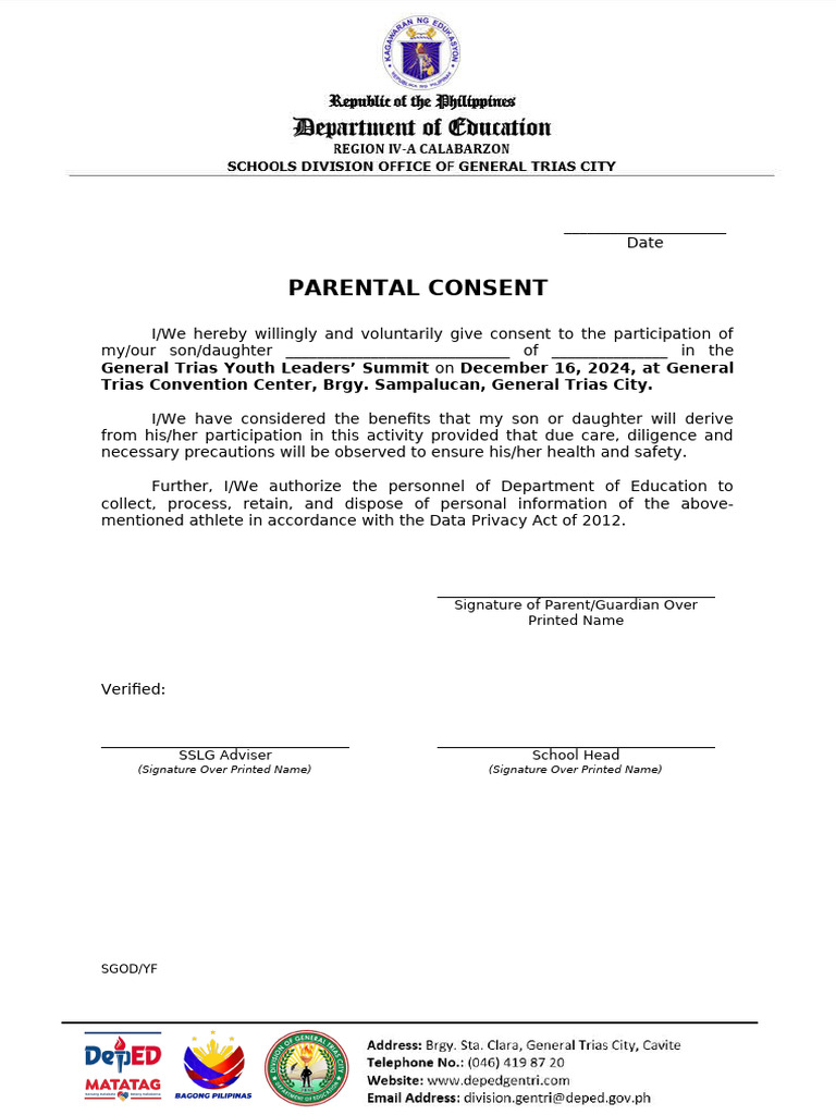 Parental Consent for Youth Summit 2024 | PDF