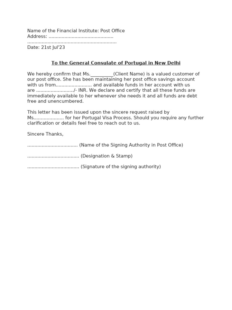 Post Office Visa Fund Verification Letter | PDF