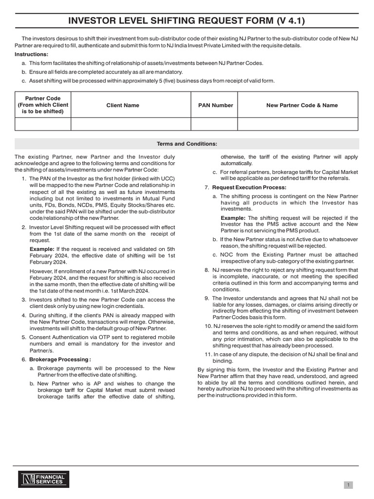 Investor Level Shifting Request Form | PDF | Investing | Private Law