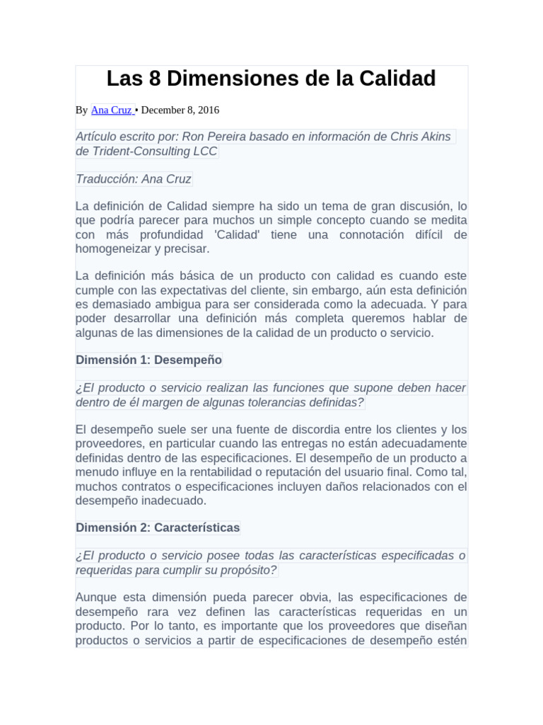 8 Dimensiones Clave de la Calidad | PDF | Calidad (comercial ...